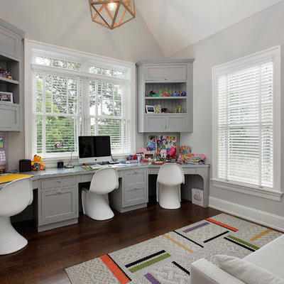 Kids' room - contemporary gender-neutral dark wood floor and brown floor kids' room idea in Chicago with gray walls