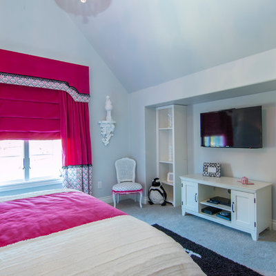 Mid-sized trendy girl carpeted kids' room photo in Dallas with gray walls