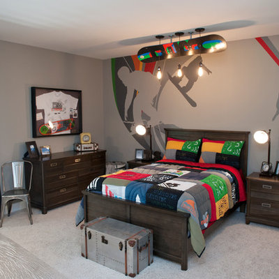 Elegant boy carpeted kids' room photo in Cincinnati with gray walls