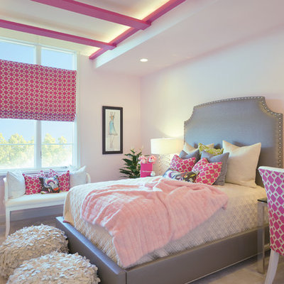 Kids' room - mid-sized contemporary girl carpeted and gray floor kids' room idea in Detroit with pink walls