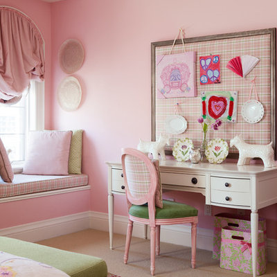 Kids' room - traditional girl carpeted kids' room idea in Toronto with pink walls