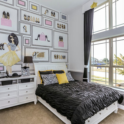 Kids' room - small girl carpeted kids' room idea in Houston with multicolored walls