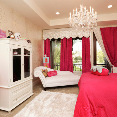 Large elegant girl carpeted kids' bedroom photo in Houston with beige walls