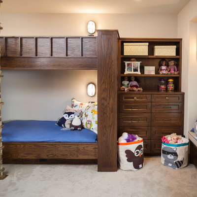 Mountain style gender-neutral carpeted kids' room photo in Houston with white walls