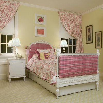 Elegant girl carpeted kids' room photo in Newark with yellow walls