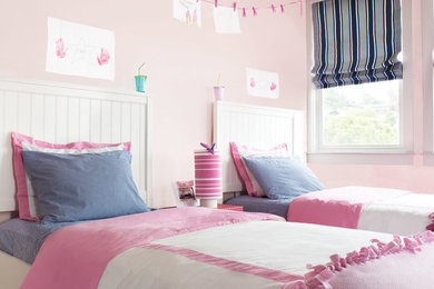 Large transitional girl kids' room photo in San Francisco with pink walls
