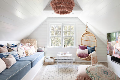 Inspiration for a transitional girl light wood floor, brown floor and shiplap wall teen room remodel in New York with white walls