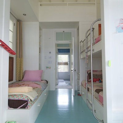 Beach style gender-neutral painted wood floor and turquoise floor kids' room photo in Boston with white walls