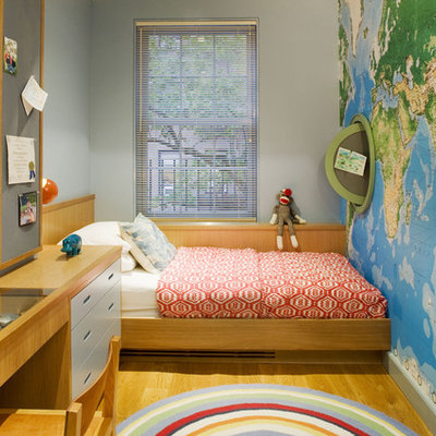 Kids' room - contemporary boy light wood floor kids' room idea in New York with gray walls