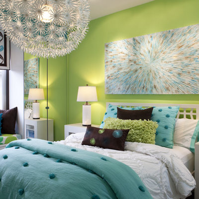 Kids' room - contemporary girl kids' room idea in San Diego with green walls
