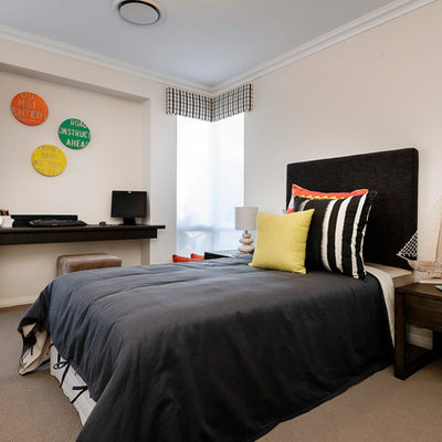 Mid-sized trendy gender-neutral carpeted kids' room photo in Perth with white walls