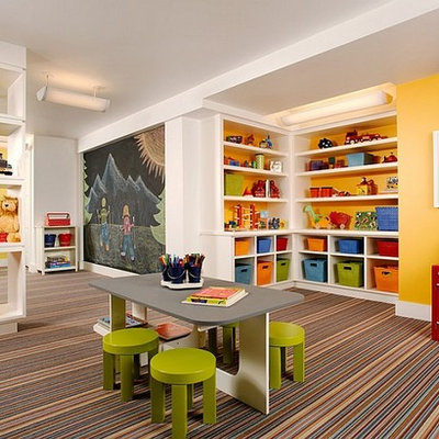 Kids' room - large contemporary gender-neutral carpeted and multicolored floor kids' room idea in Chicago with yellow walls