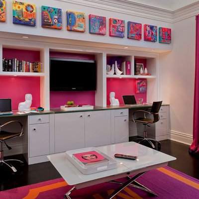 Kids' room - contemporary black floor kids' room idea in New York with pink walls
