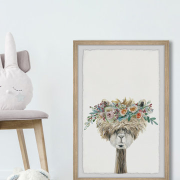 "Laid-back Flower Crowned Llama" Framed Painting Print