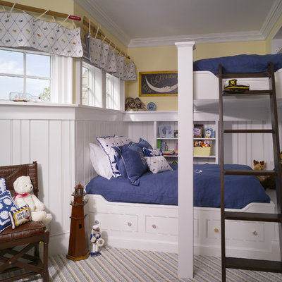 Elegant gender-neutral carpeted kids' room photo in Other with yellow walls