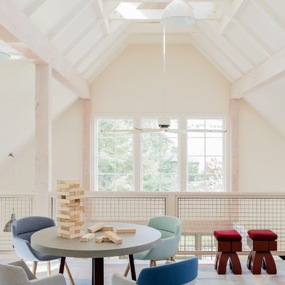 Kids' room - contemporary gender-neutral carpeted and multicolored floor kids' room idea in Portland Maine with white walls