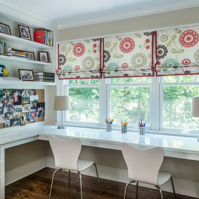 Kids' room - traditional girl dark wood floor kids' room idea in New York with beige walls