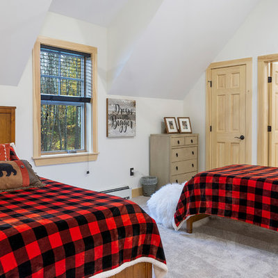 Mid-sized mountain style gender-neutral carpeted and gray floor kids' bedroom photo in Boston with white walls