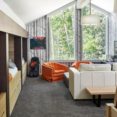 Beach style gender-neutral carpeted and gray floor kids' bedroom photo in Denver with gray walls