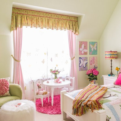 Large elegant girl carpeted kids' room photo in Dallas with white walls