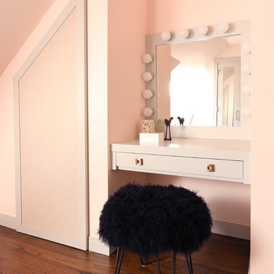 Kids' room - mid-sized modern girl dark wood floor and brown floor kids' room idea in Calgary with pink walls