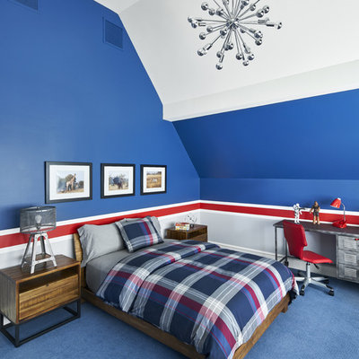 Inspiration for a mid-sized transitional boy carpeted and blue floor kids' room remodel in New York with multicolored walls