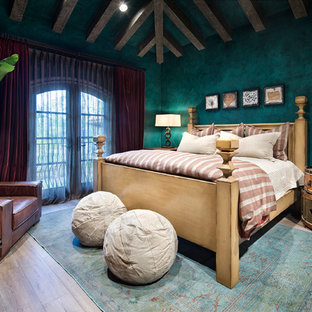 Kids' bedroom - huge mediterranean gender-neutral beige floor and medium tone wood floor kids' bedroom idea in Houston with green walls