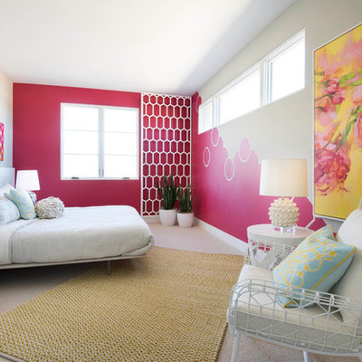 Large trendy girl carpeted and beige floor kids' room photo in Phoenix with pink walls