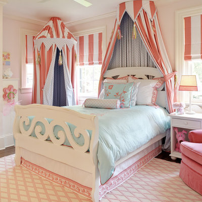 Kids' room - traditional girl dark wood floor kids' room idea in Richmond with pink walls