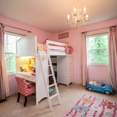 Kids' room - mid-sized traditional girl carpeted kids' room idea in DC Metro with pink walls