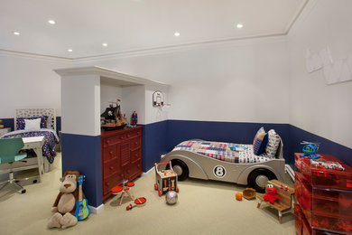 Large modern gender neutral children’s room in New York with blue walls, carpet and white floors.