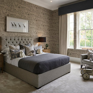 Inspiration for a medium sized contemporary gender neutral children’s room in Berkshire with carpet, grey floors and brown walls.