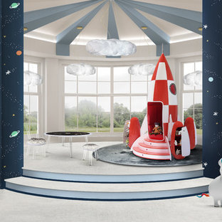 Immagine di un'ampia cameretta per bambini minimalista con pareti blu e pavimento bianco