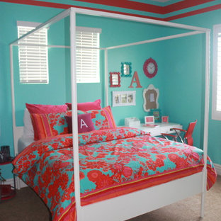 Example of a mid-sized cottage chic girl carpeted kids' room design in Phoenix with multicolored walls