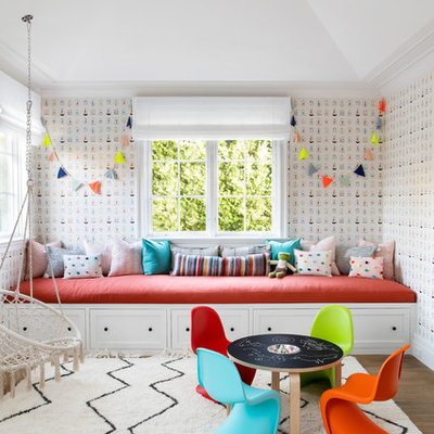 Large transitional gender-neutral medium tone wood floor and brown floor kids' room photo in New York with multicolored walls