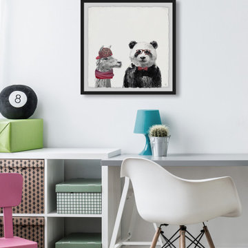 "Panda and Llama in Pink" Framed Painting Print