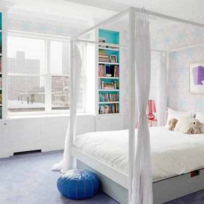 Inspiration for a large contemporary girl carpeted and purple floor kids' room remodel in New York with multicolored walls