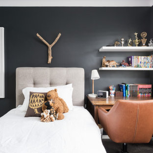 Design ideas for a contemporary kids' bedroom for boys in Sydney with black walls, carpet and grey floor.