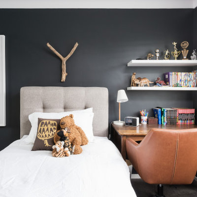 Inspiration for a contemporary boy carpeted and gray floor kids' bedroom remodel in Sydney with black walls