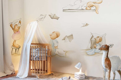 Идея дизайна: нейтральная детская в современном стиле с спальным местом и разноцветными стенами для ребенка от 1 до 3 лет