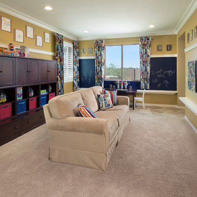 Example of a classic gender-neutral carpeted playroom design in Phoenix with yellow walls
