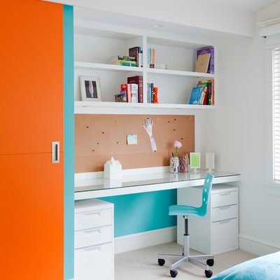 Example of a mid-sized trendy gender-neutral carpeted and beige floor kids' room design in Vancouver with white walls
