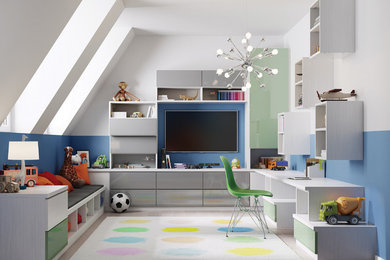 Example of a small eclectic gender-neutral medium tone wood floor and brown floor kids' room design in Miami with multicolored walls