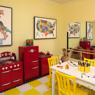 Example of a mid-sized transitional girl dark wood floor kids' room design in New York with yellow walls