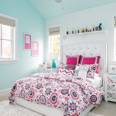 Example of a large transitional girl carpeted kids' room design in Orange County with multicolored walls