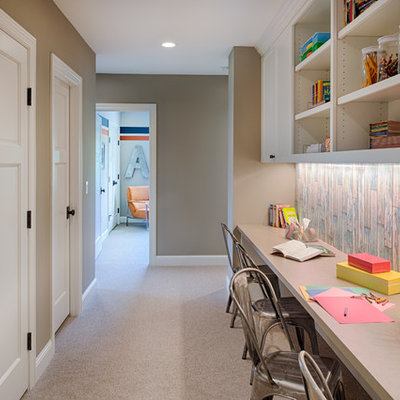 Example of a mid-sized transitional gender-neutral carpeted and gray floor kids' room design in Minneapolis with gray walls