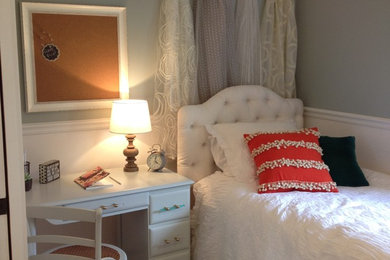 Example of a large beach style gender-neutral medium tone wood floor and brown floor kids' room design in Providence with green walls