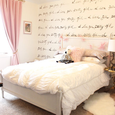 Inspiration for a mid-sized timeless girl carpeted and beige floor kids' room remodel in Omaha with white walls