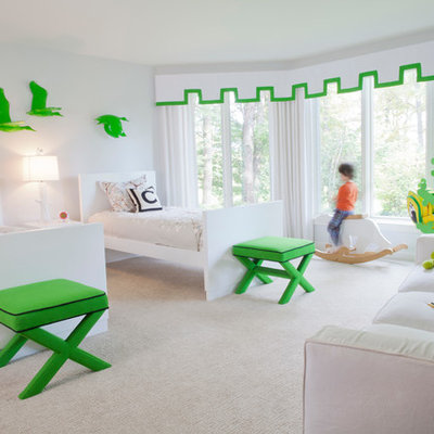 Inspiration for a contemporary carpeted and beige floor kids' bedroom remodel in Miami with white walls