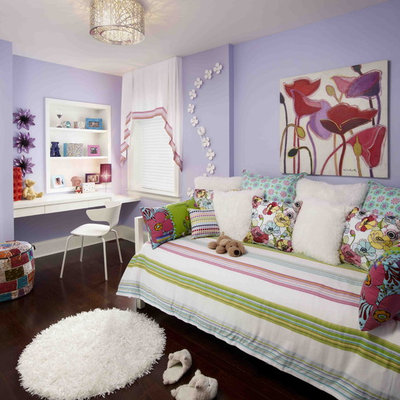 Kids' room - mid-sized eclectic girl dark wood floor kids' room idea in Toronto with purple walls